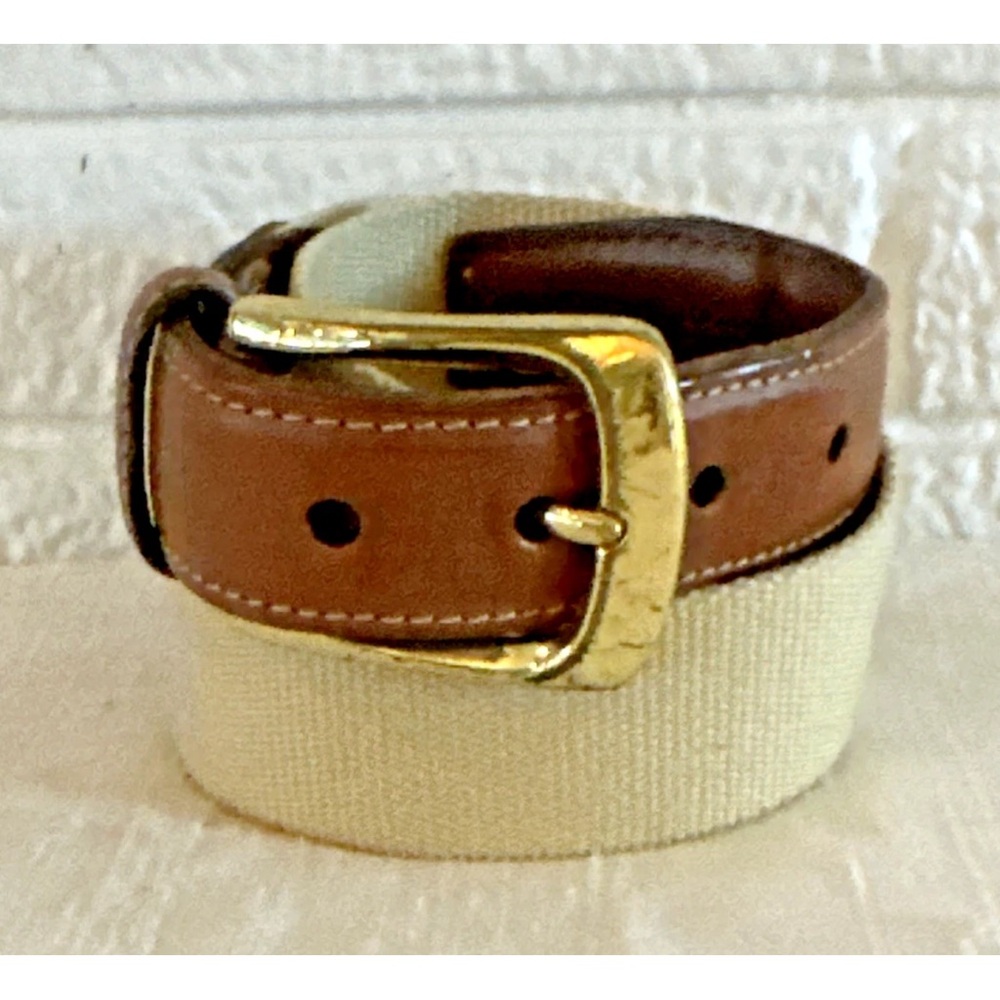 Torino TAN Canvas Surcingle Leather Ends Belt Sz 38 Brass BUCKLE